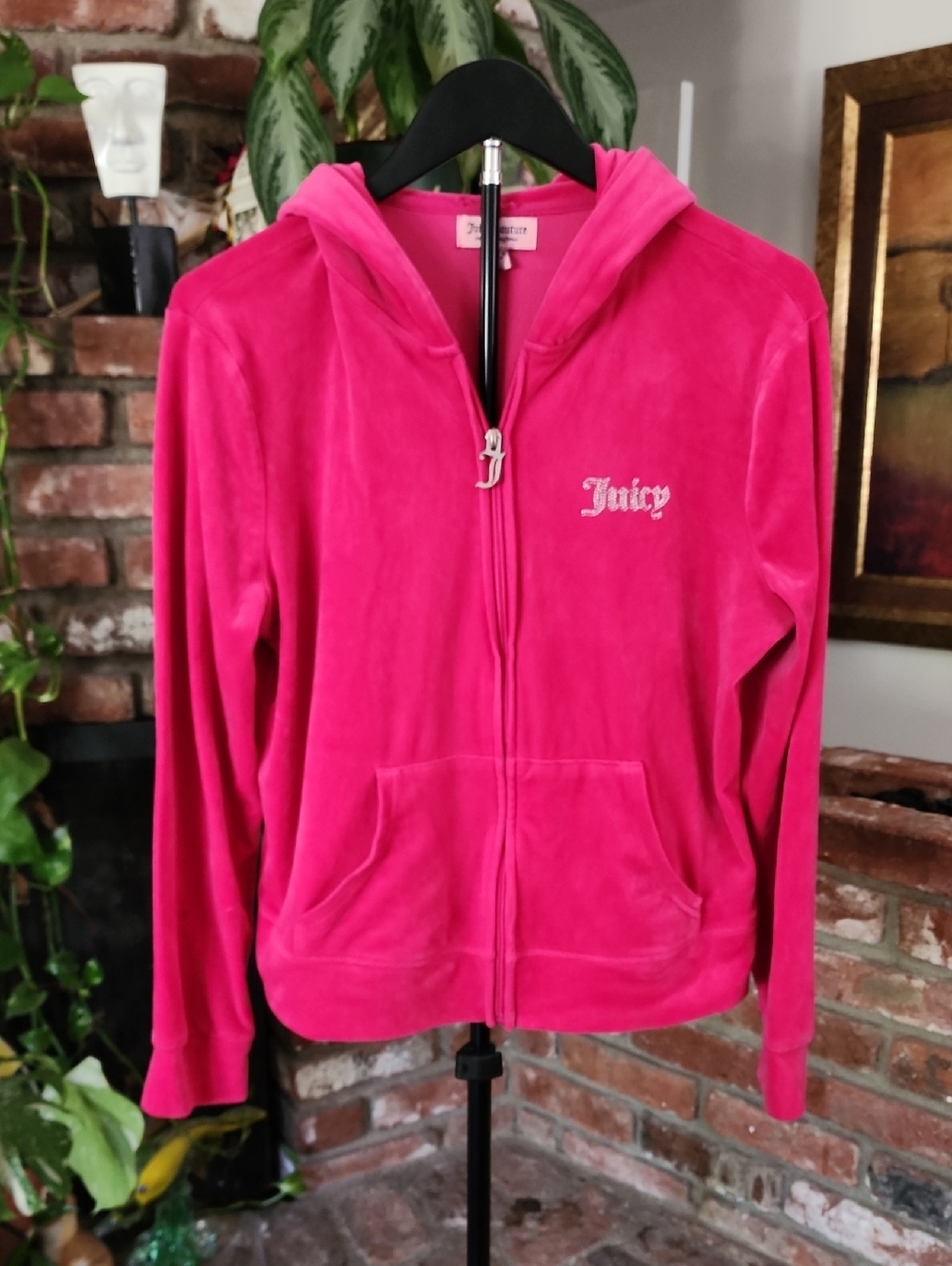 Y2K Juicy Couture Hot Pink Velour Rhinestone Zip Hoodie
